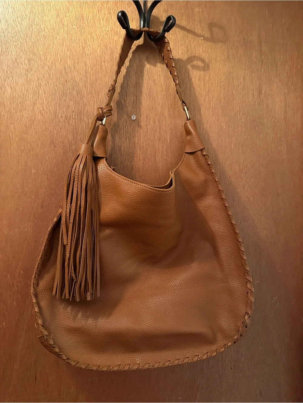 Caramel Tan Leather Hobo Bag with Braided Trim and Tassel